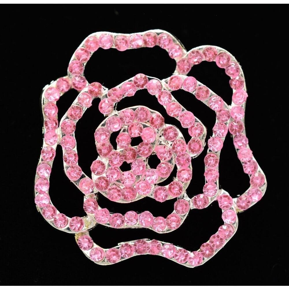 Vintage Rose Pin Brooch Flower Pink Lucite Rhinestone Crystal Silver Tone Bin5B